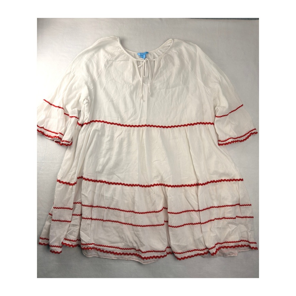 Draper James White Red Ric Rac Tiered Cotton Gauze Mini Dress 3X Boho